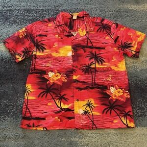 Vintage Palmwave Hawaiian Shirt Short Sleeve Red Sunset Palm Trees Men's 2XL